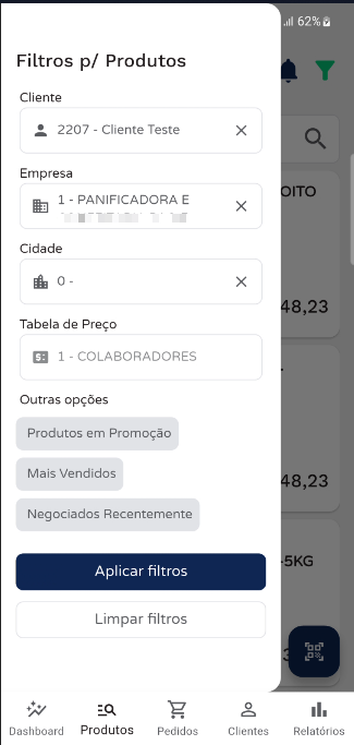 Painel Filtros p/ Produtos aberto