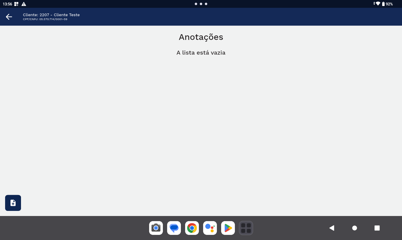 Tela de anotações do cliente