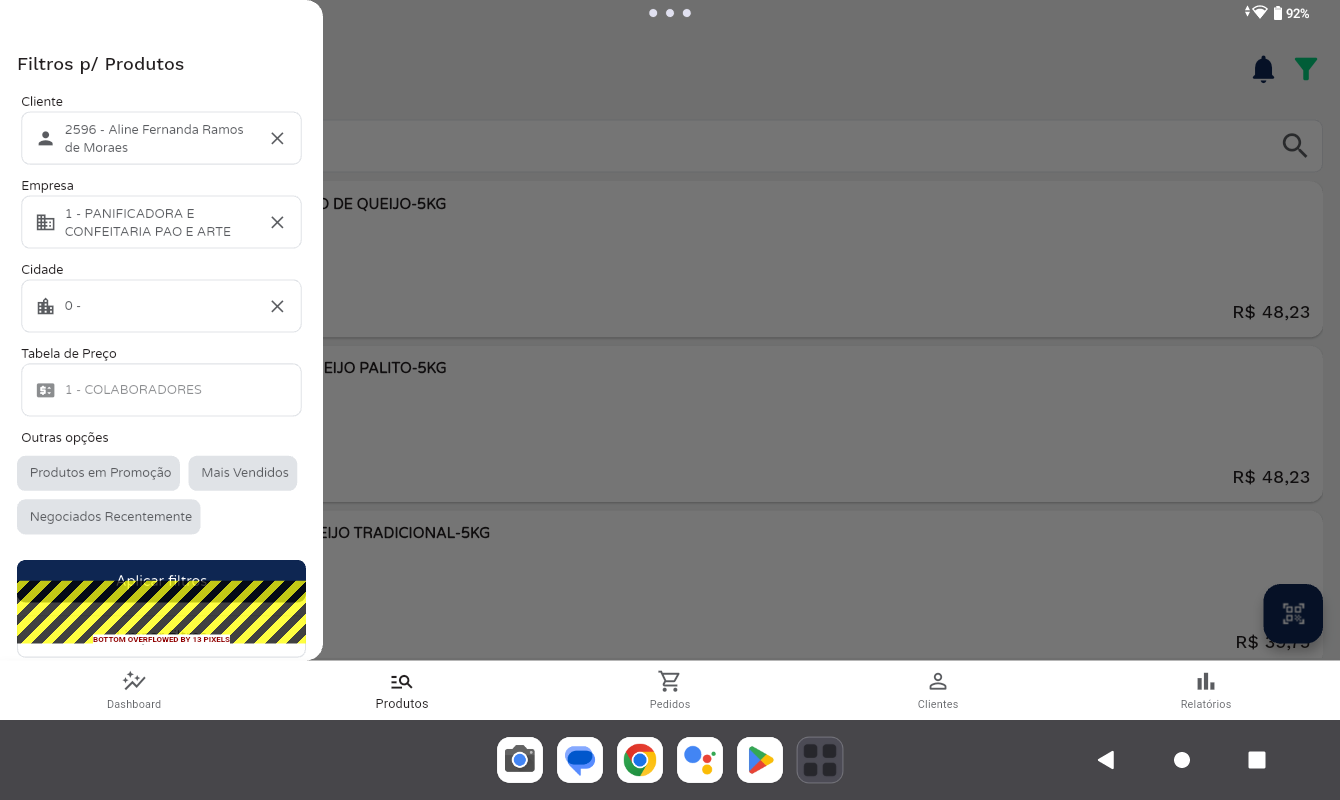 Painel Filtros p/ Produtos aberto